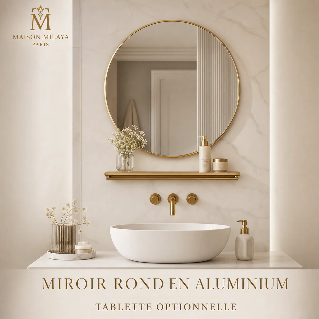 Green Miroir Rond en Aluminium avec Tablette – Maison Milaya Crafted
