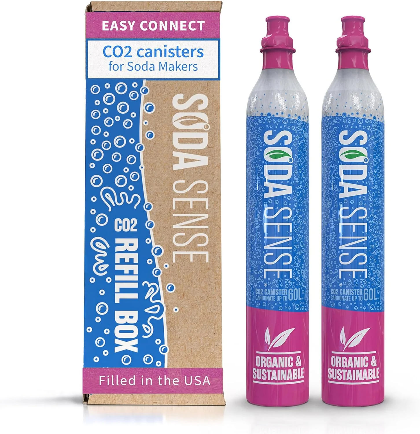 Elegant Soda Sense CO2 Cartridges – 2PK Easy Connect 60L CO2 Cylinders Set of 2 Pre Filled CO2 Tank Gas Refills – Compatible with SodaStream CO2 Quick Connect Pink Snap-On Soda Streaming Machine Artisan