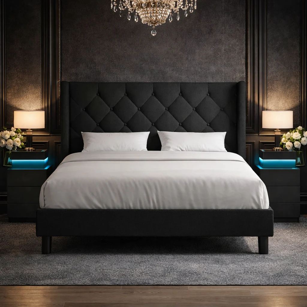 Exclusive Queen Black Upholstered Platform Bed LED Nightstands Contemporary