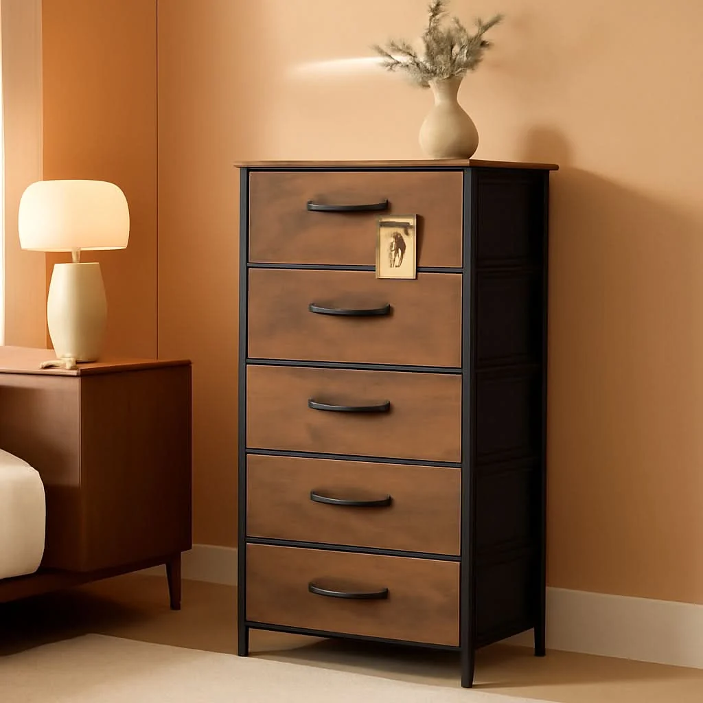 Practical Tall Fabric Dresser With 6 Drawers And Wood Top Rustic Brown High-End