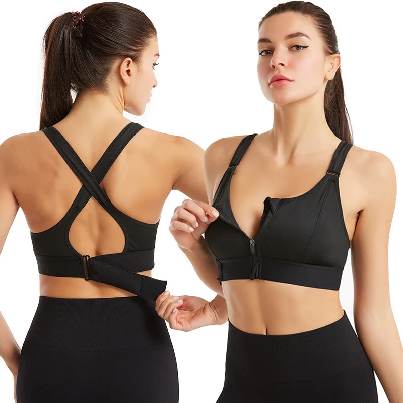 Fashionable Women’s Front Zipper Sports Bra Shockproof Cross Back Removable Straps Carefully Designed