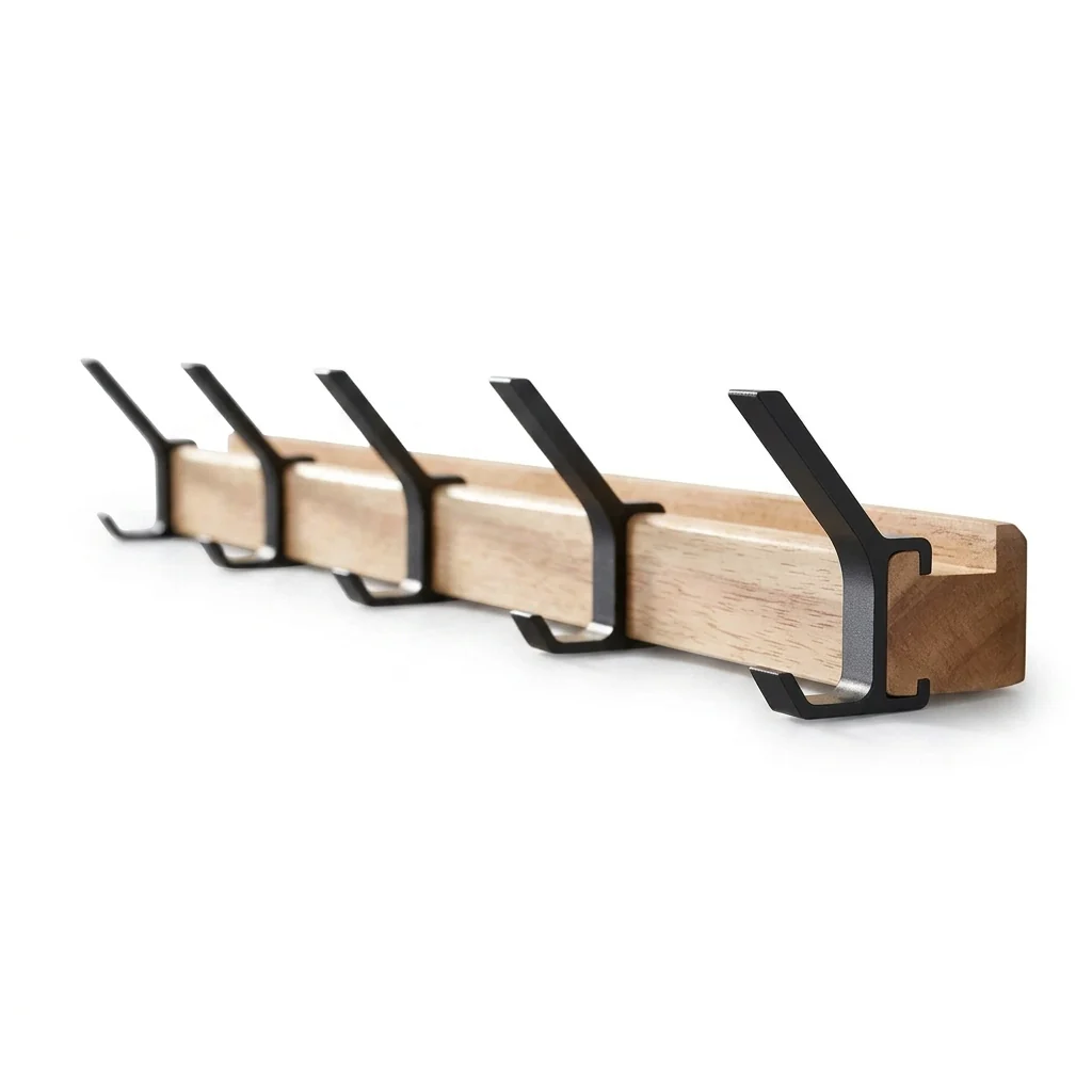 Fast Wall-Mounted Coat Rack 5 Movable Wooden Hooks Efficient