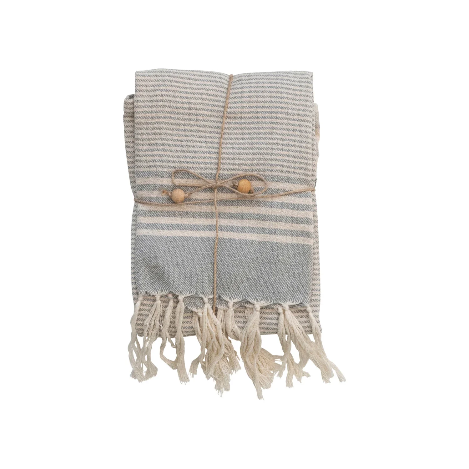 Powerful Woven Cotton Tea Towels w Stripes Jute Wood Bead Tie 3 Styles Set of 3 Safe