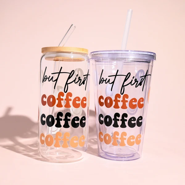 Traditional But First Coffee Plastic or Glass Tumbler Selected