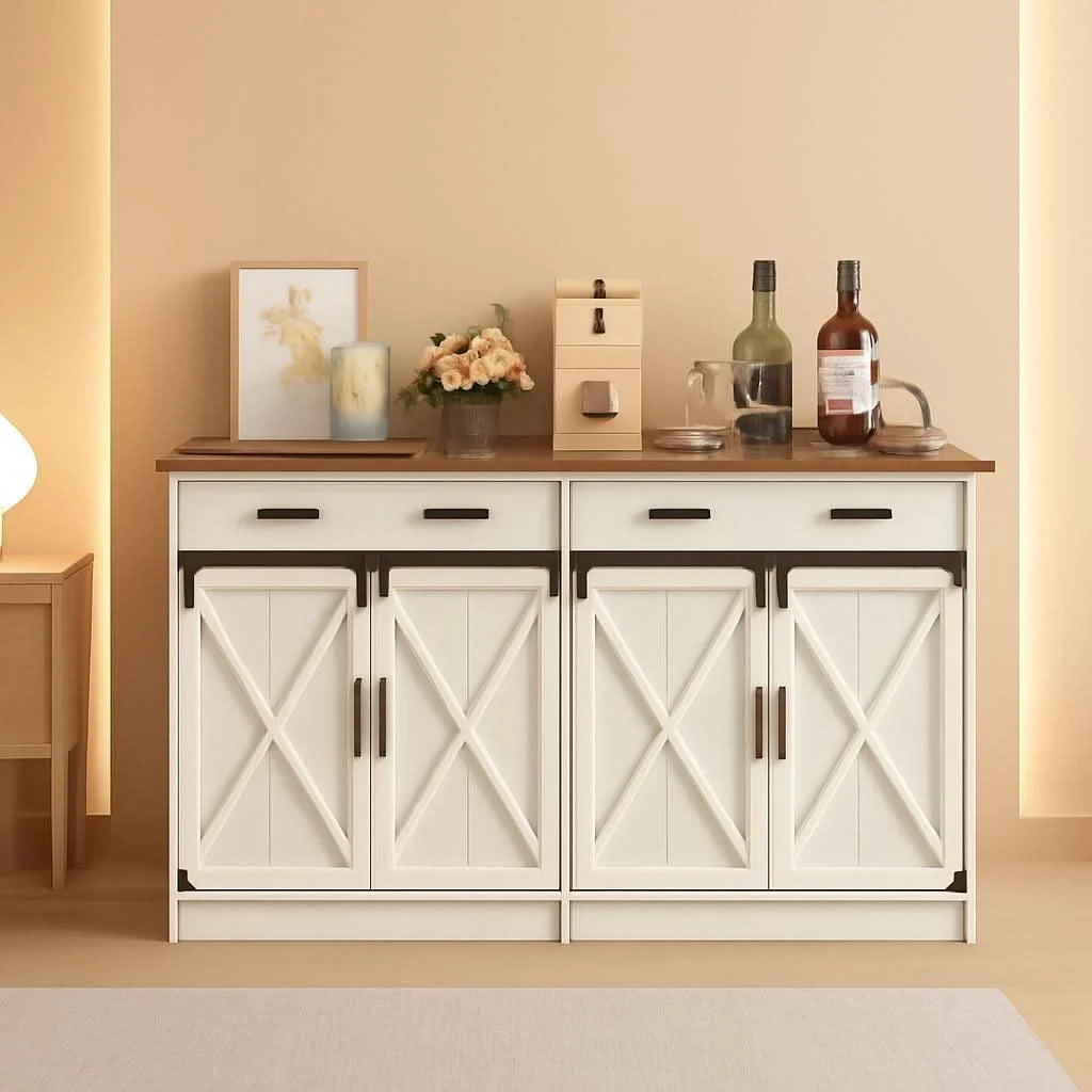 Advanced White Brown Farmhouse Buffet Cabinet Adjustable Shelves Sophisticated