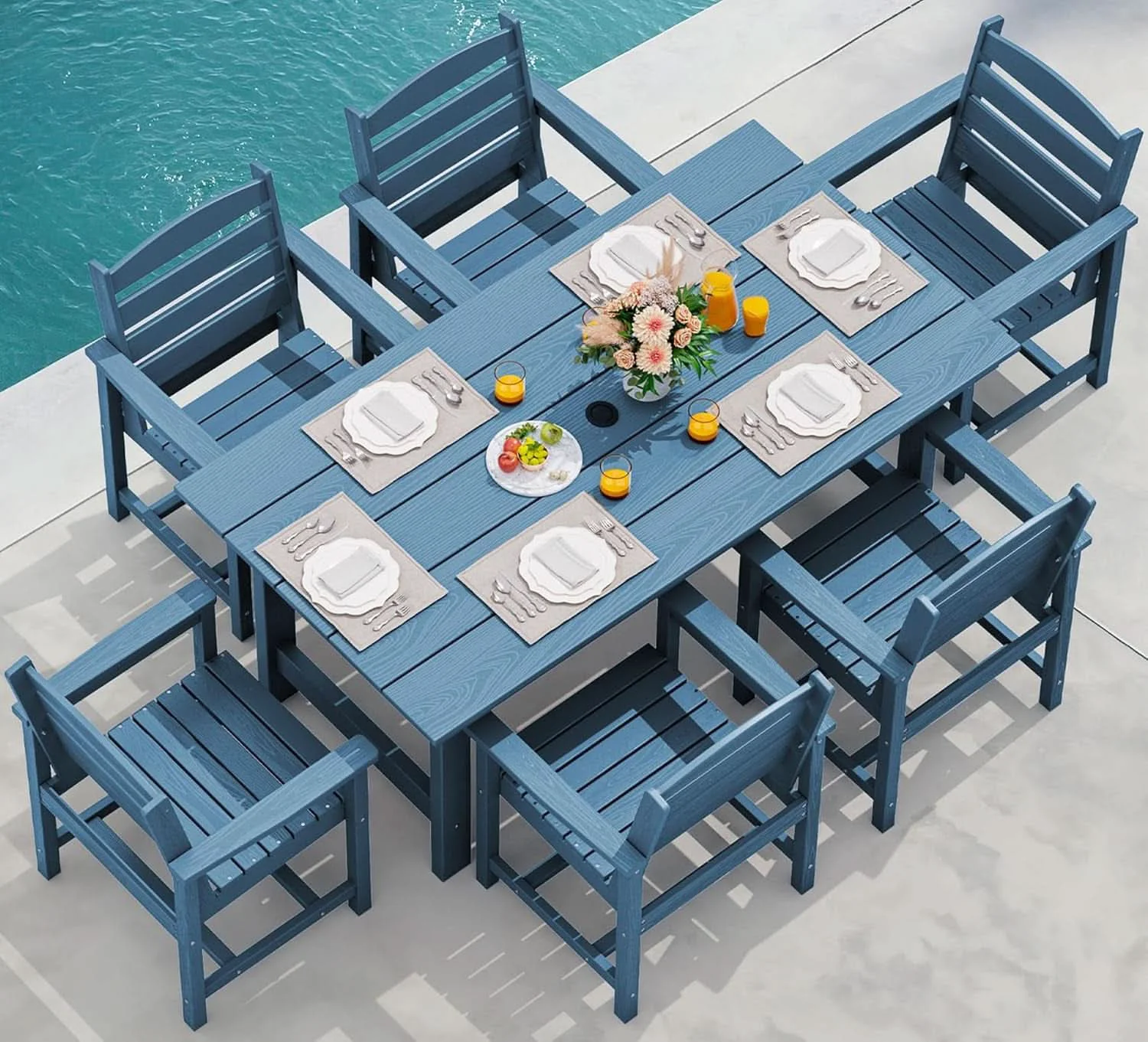 Safe 7 Piece Patio Dining Set Outdoor HDPE Table Blue Chairs Trusted