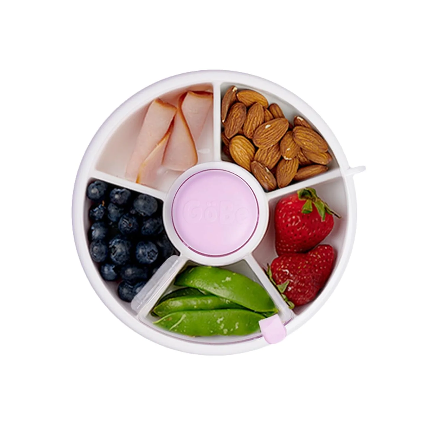 Official GoBe Kids Small Snack Spinner Flip Bundle with Hand Strap and Sticker Sheet – Reusable Snack Container with 5 Compartment Dispenser and Lid Reliable