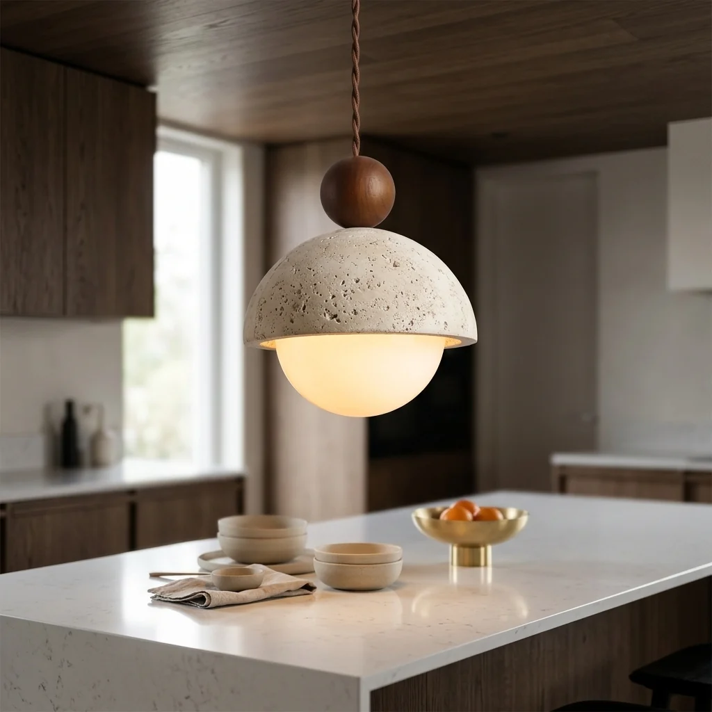 Exclusive Travertine Dome Pendant Light Natural Stone Warm Glow Casual