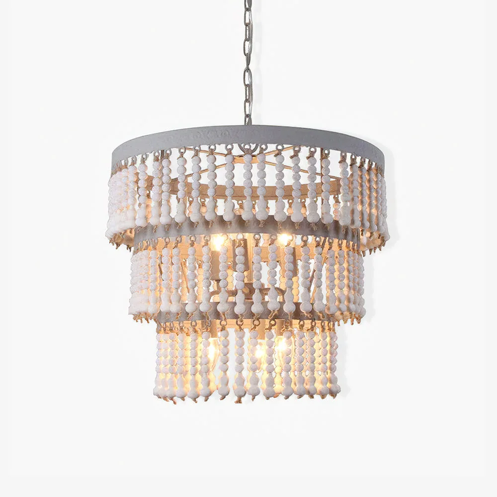 Expertly Made Three Tiered Wood Beaded Chandelier Certified