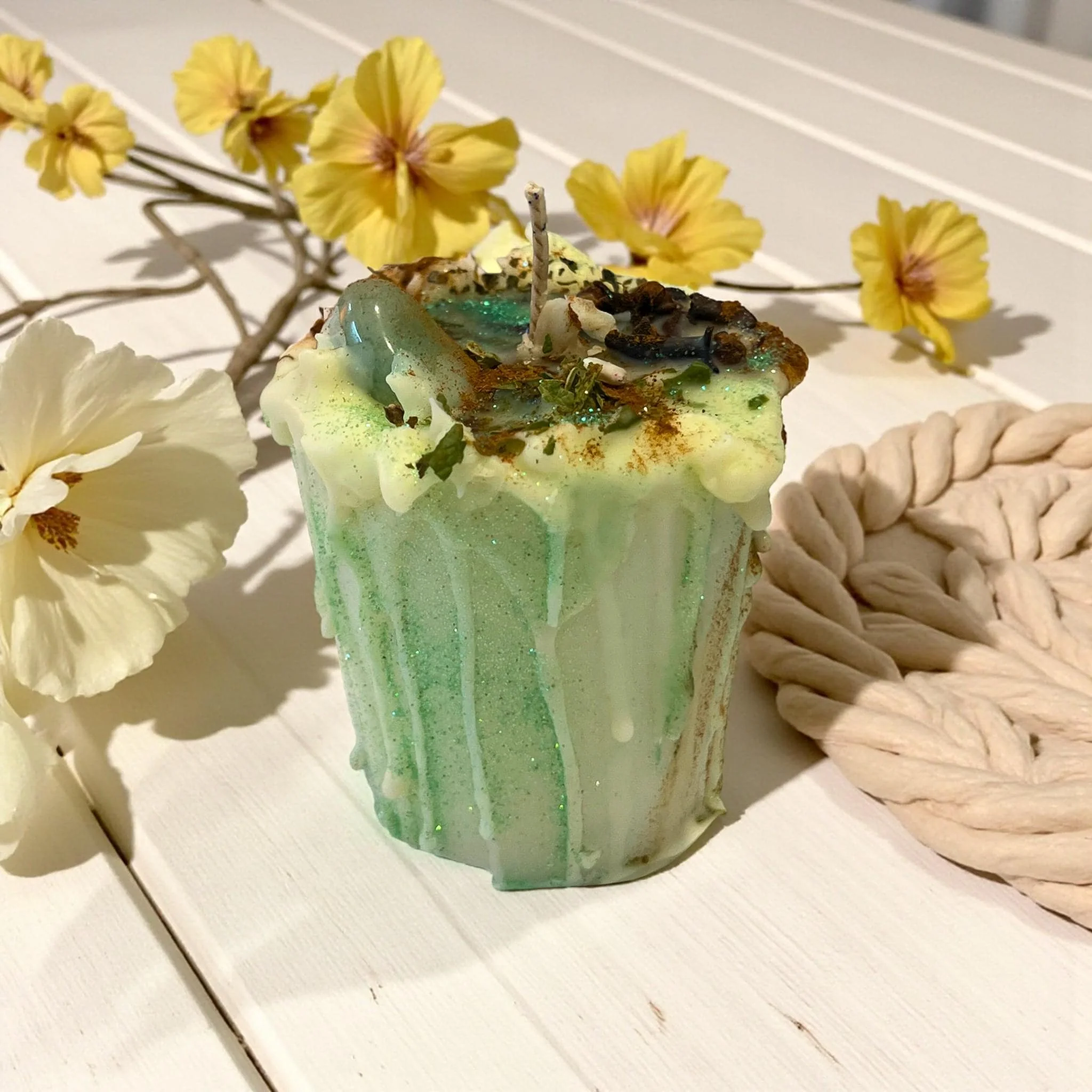 Elite Green Aventurine Drip Candle with Herbs Intentional Prosperity Abundance Crystal Responsible