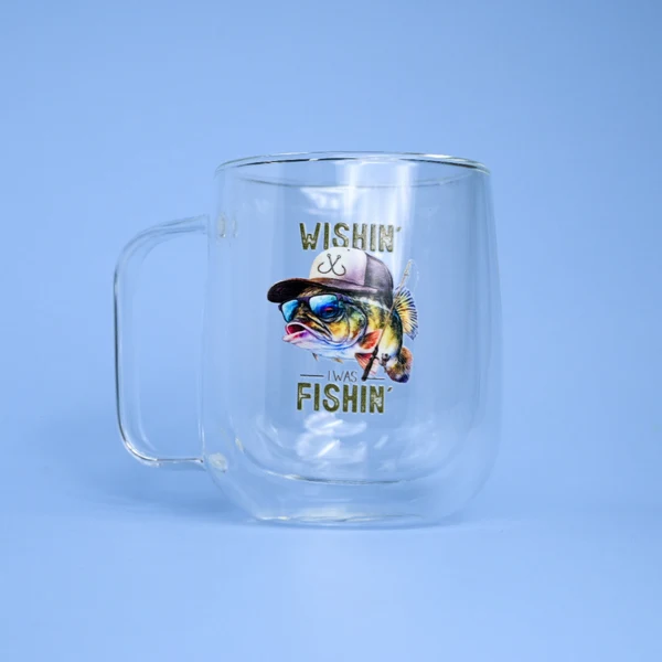 Quality Wishin I Was Fishin Double Wall Glass Mug Genuine