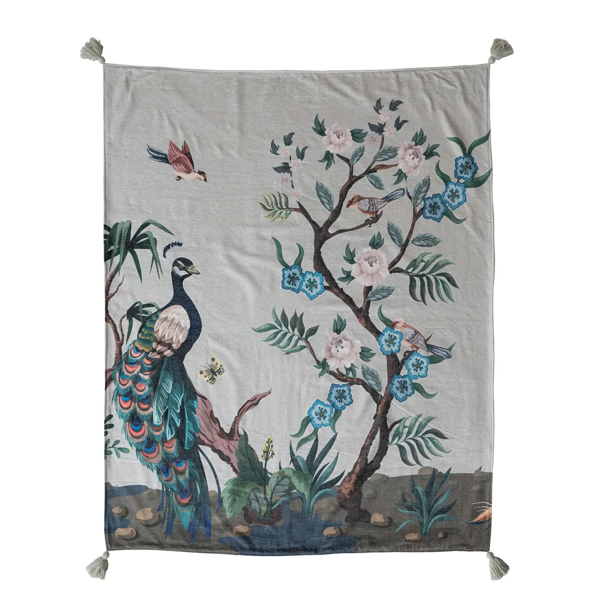 Official Fabric Blend Chenille Throw with Peacock Birds Butterfly Botanicals Tassels Exclusive