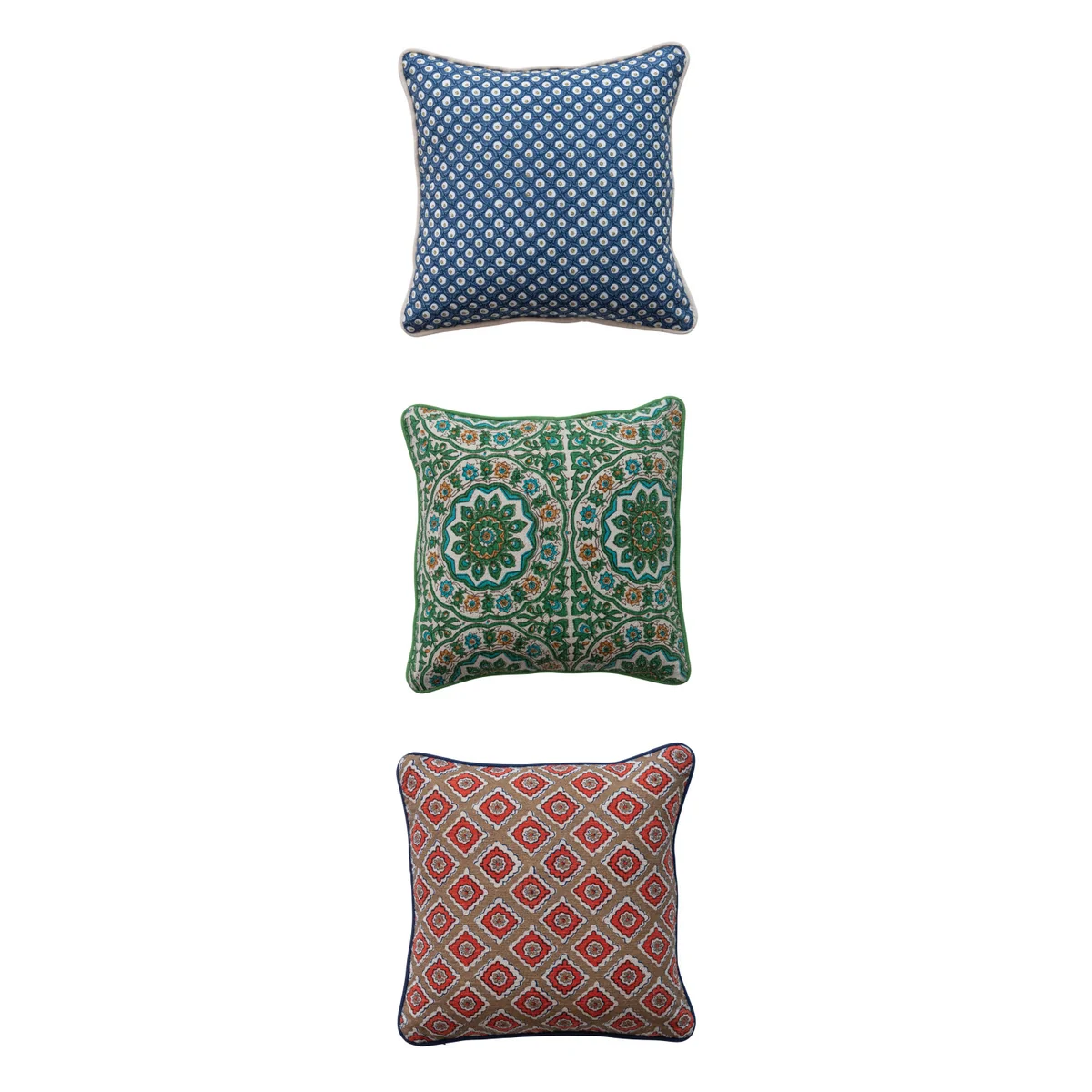 Refined 12 Square Cotton Slub Pillow with Block Print Pattern Piping Genuine