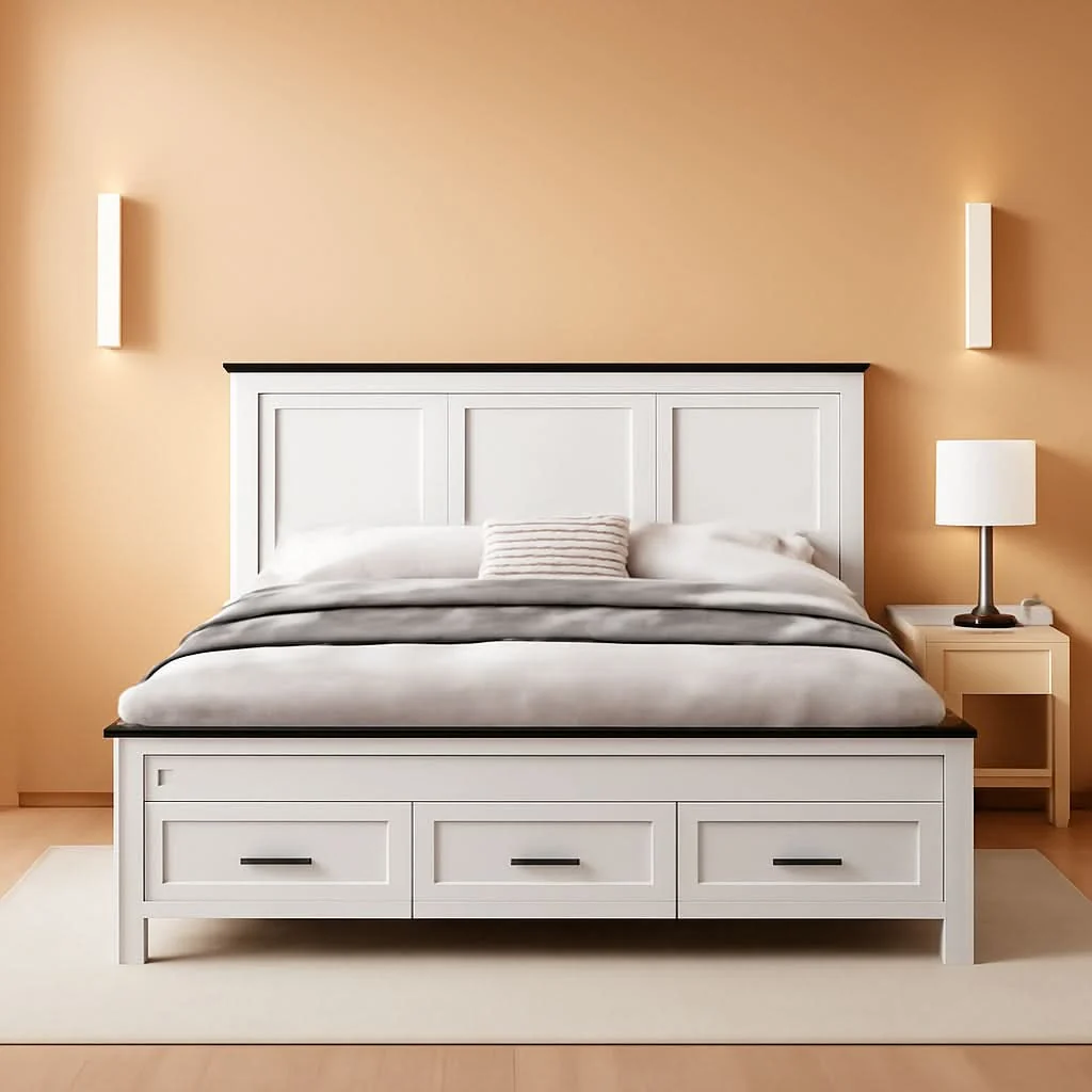 Flexible Queen Size Bed Frame Antique White Finish Storage Drawers Authentic