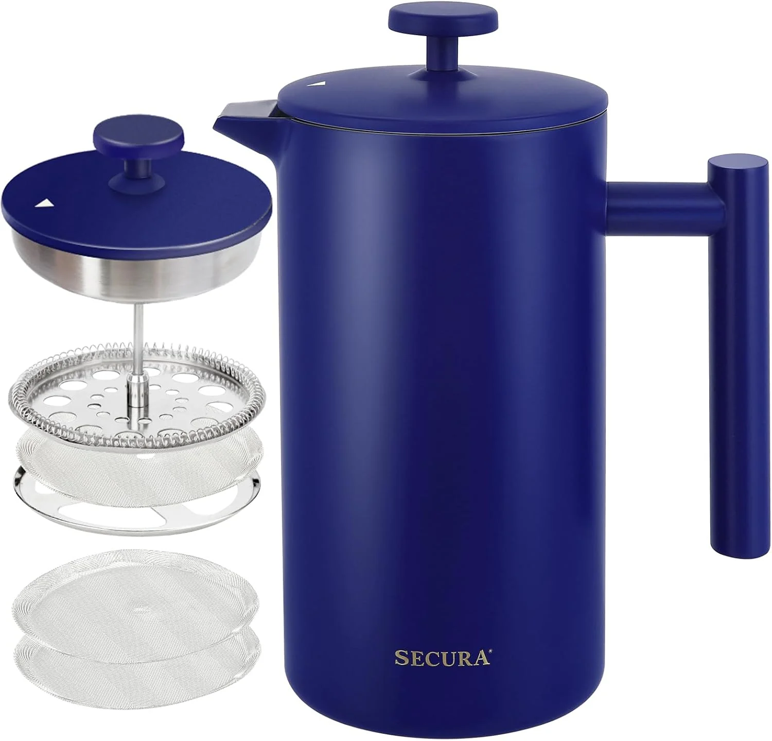 Traditional Secura French Press Coffee Maker 304 Grade Stainless Steel Insulated Coffee Press with 2 Extra Screens 34oz 1 Litre Blue Certified