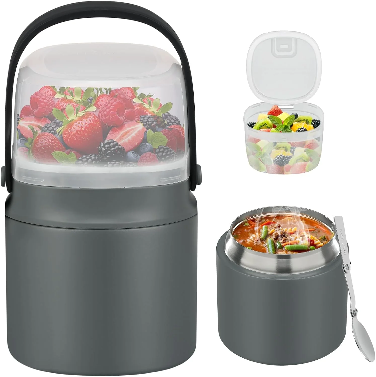 Original Design 2 – in – 1 Soup Thermo for Hot Food 14oz with Snack Box Container Leak Proof Insulated Lunch Container Kids and Adults Stainless Steel Double Wall Vacuum Wide-mouth Thermal with Spoon and Handle Secure