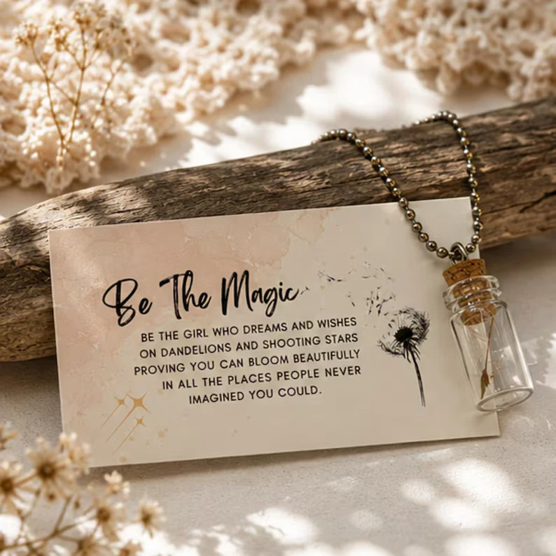 Specialty Dandelion Wish Bottle Necklace Botanical Jewelry Gift Expertly Made