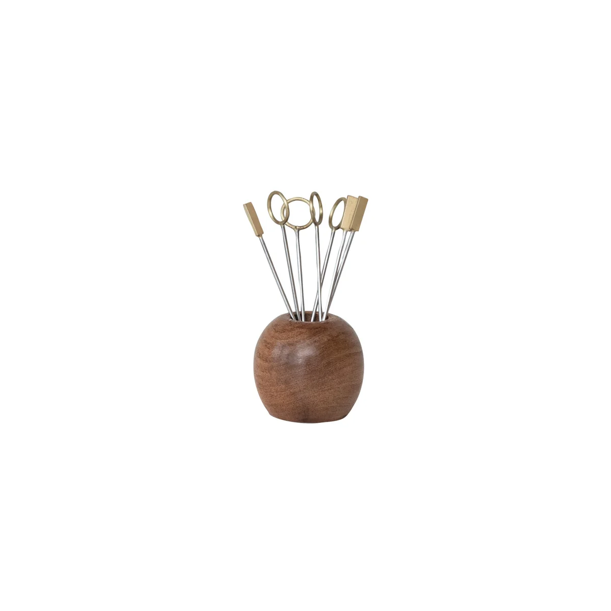 Green Mango Wood Holder w 8 Stainless Steel Brass Appetizer Picks User-Friendly