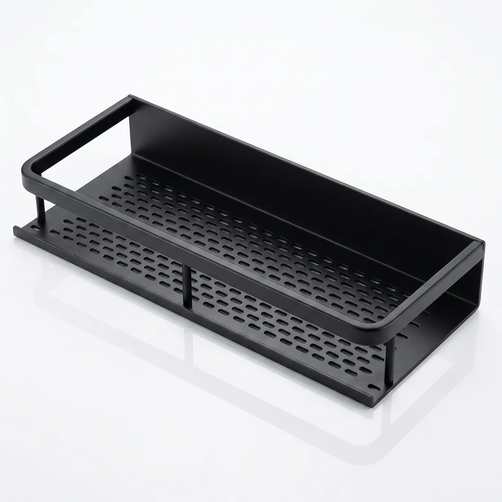 Elite Black Aluminium Corner Shower Shelf with Drainage Green