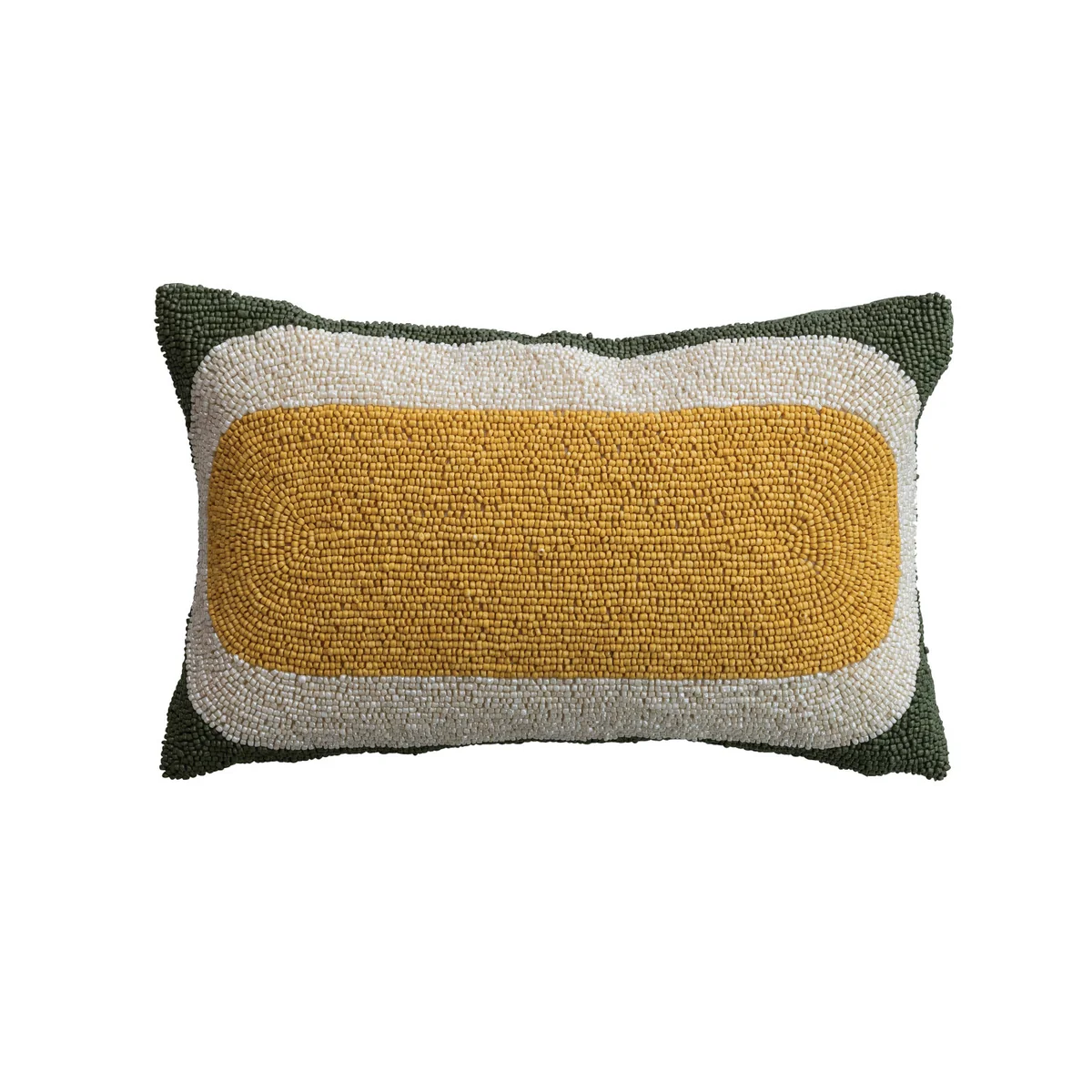 Authentic Fabric Beaded Lumbar Pillow with Geometric Design Yellow White Green Minimalist