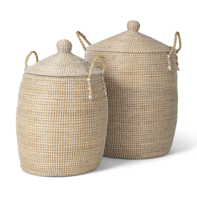 Secure Kairi Set of 2 Seagrass Floor Baskets w Lids and Handles Selected