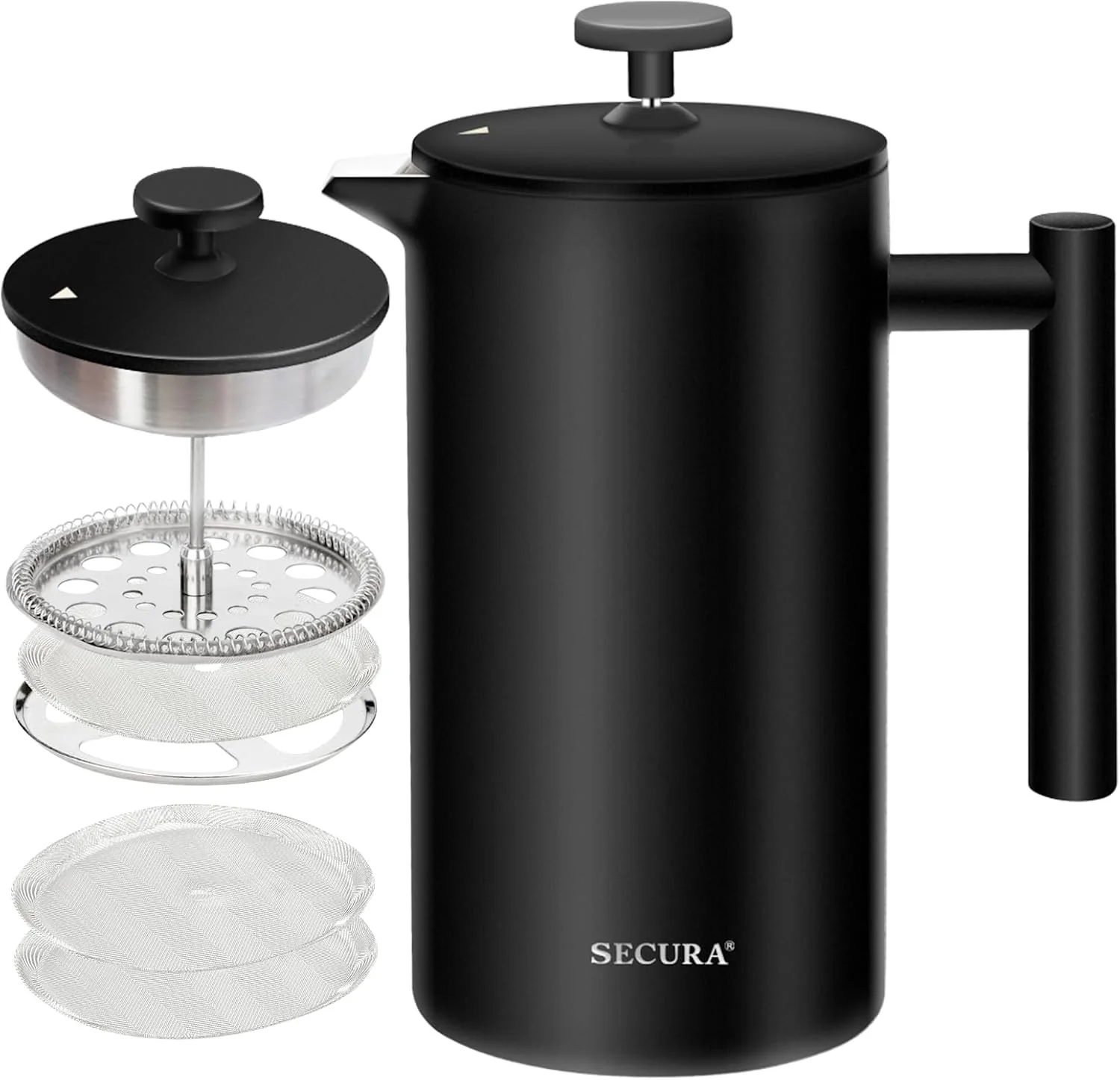 Trendy Secura French Press Coffee Maker with 3-Layer Stainless Steel Filter 34 oz Black Double-Walled Insulated Design with 2 Extra Filters Durable