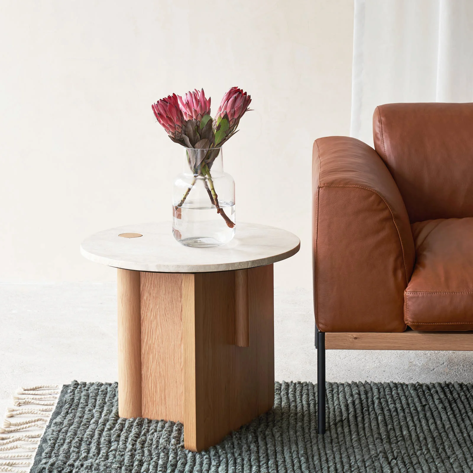 Artisan Pivot Side Table Travertine with Oak Base 50cm First-Class