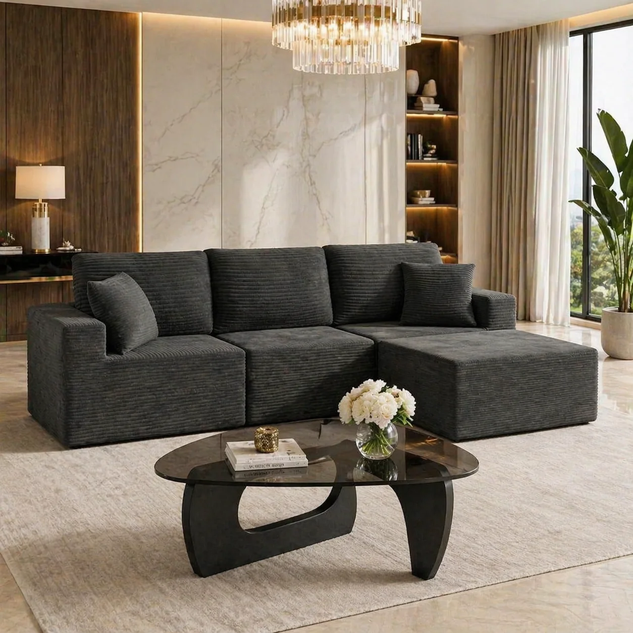 Top-Quality Modern Black L-Shaped Cloud Sectional Sofa with Glass Coffee Table Liv Sophisticated