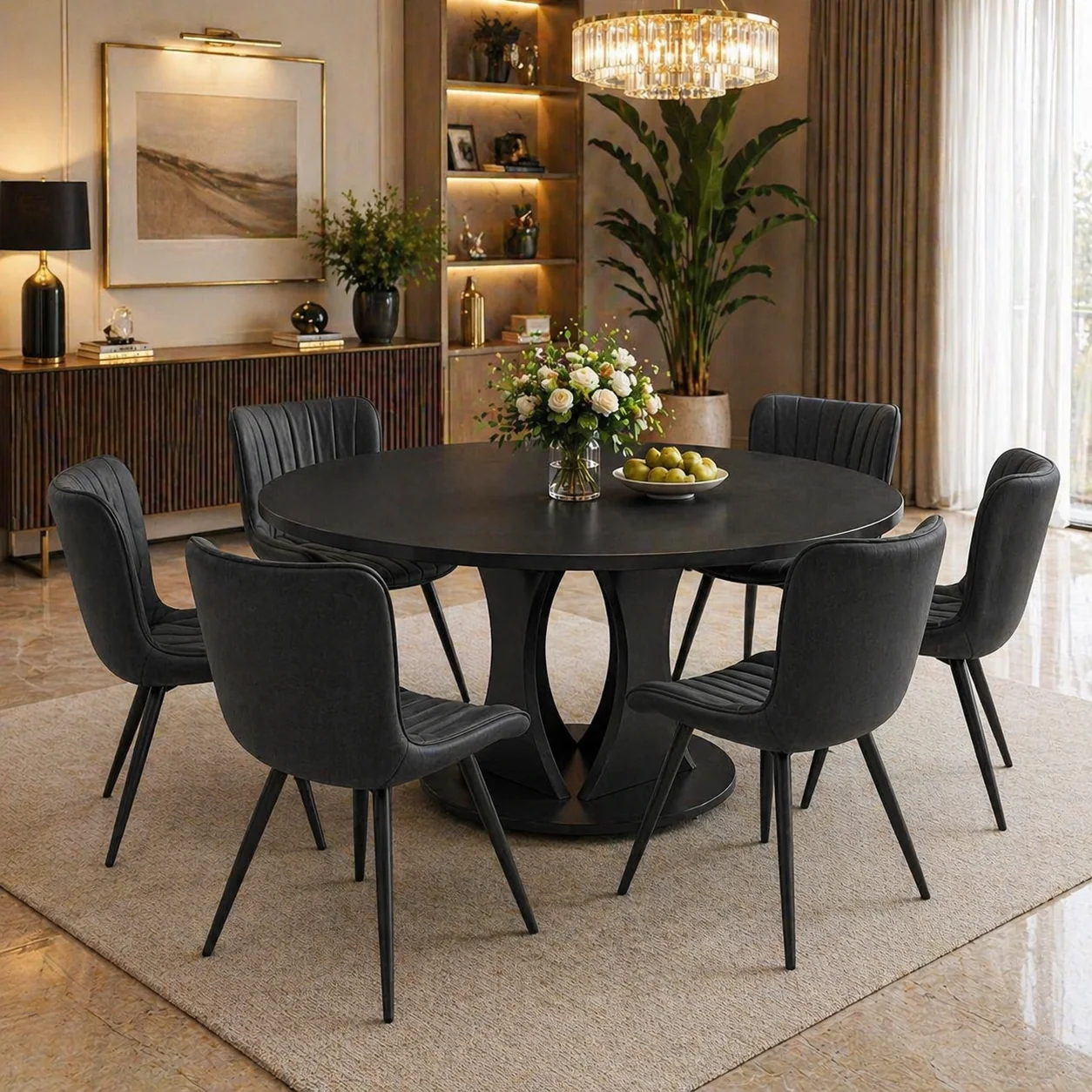 Exclusive 59 Extendable Round Dining Table Set with 6 PU Leather Chairs Black Clean