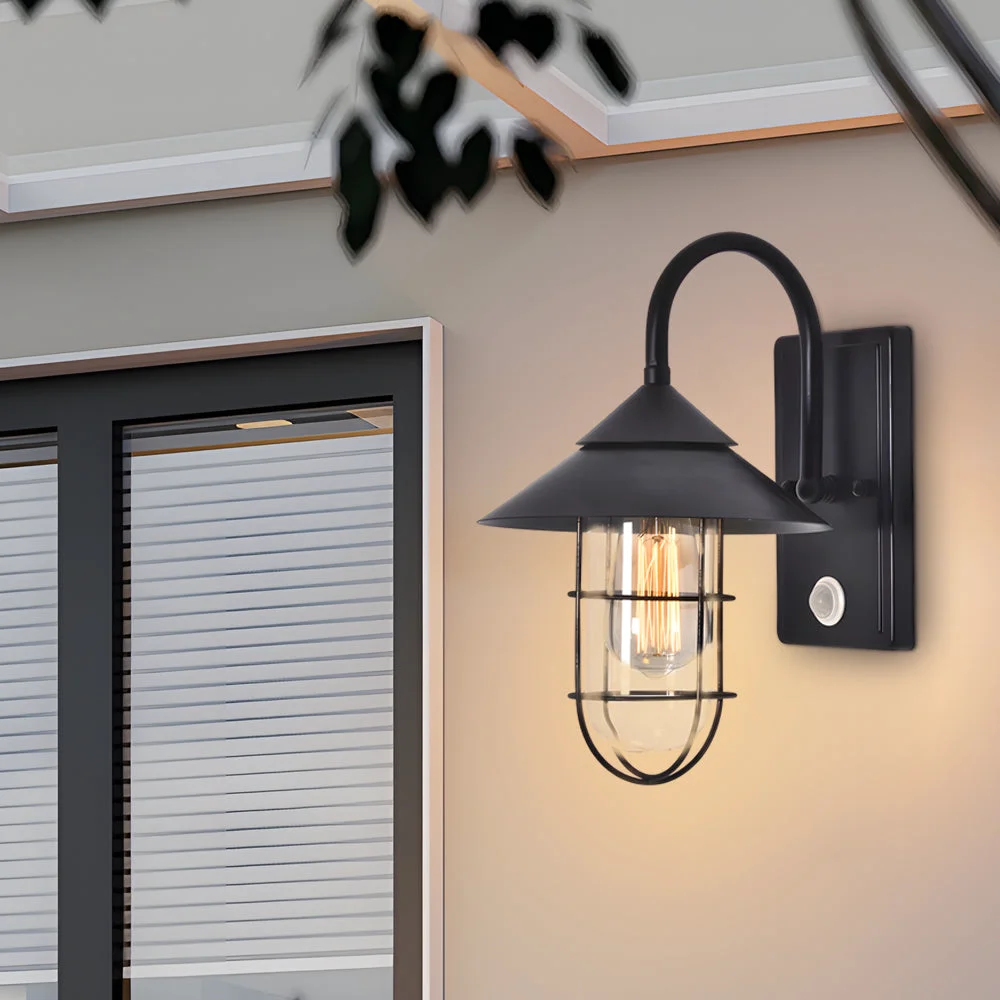 Eco-Friendly Retro Round Iron Glass Waterproof Motion Sensor Black Outdoor Wall Lights Comfortable