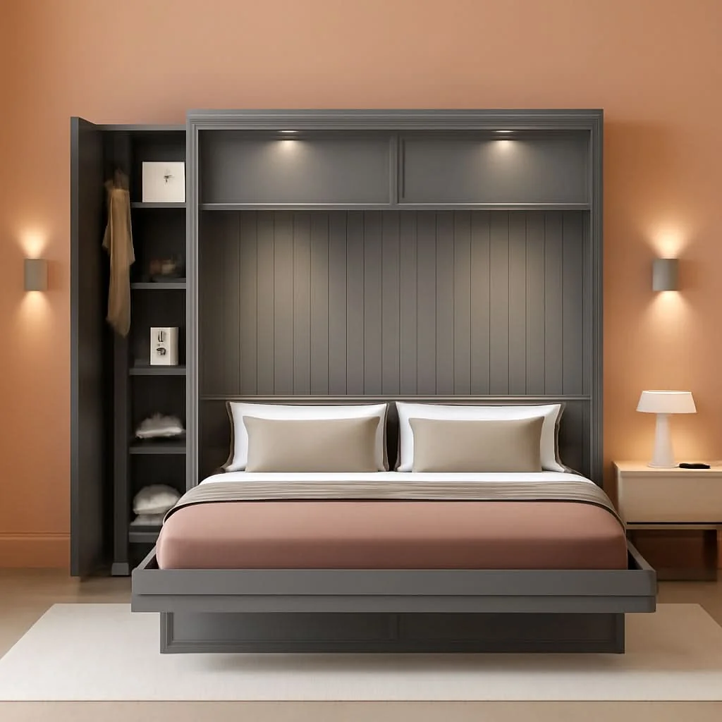 Traditional Gray Queen Murphy Bed Featuring Integrated Shelving Casual