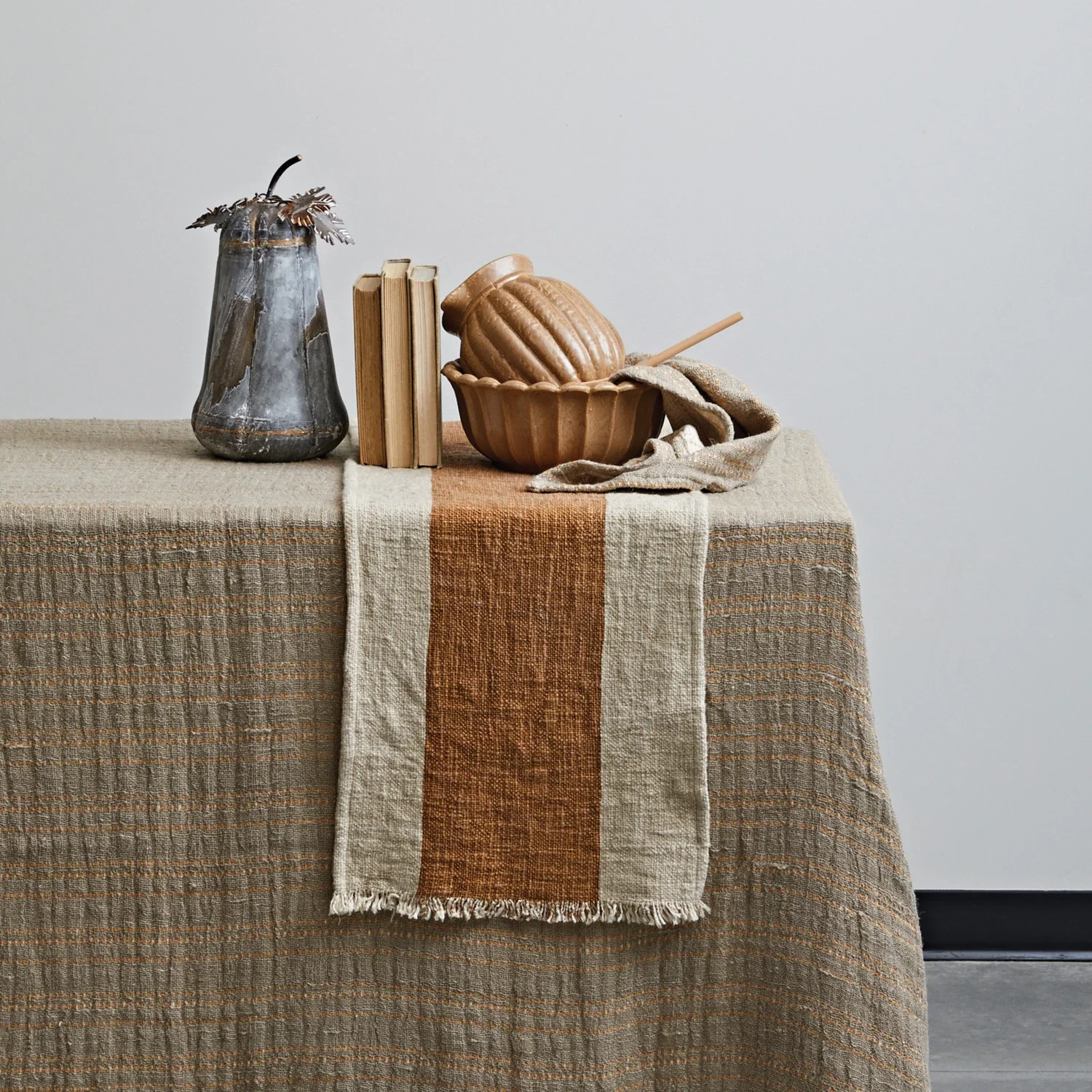 Green Table Runner w Stripe Fringe Natural Brown 72 x 14 Reusable