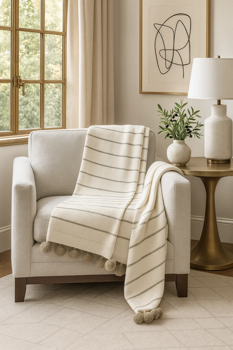 Reusable Ivory Pom pom Striped Woven Throw Blanket Durable