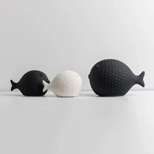 Enhanced Black and White Ceramic Fish Sculpture Authentic