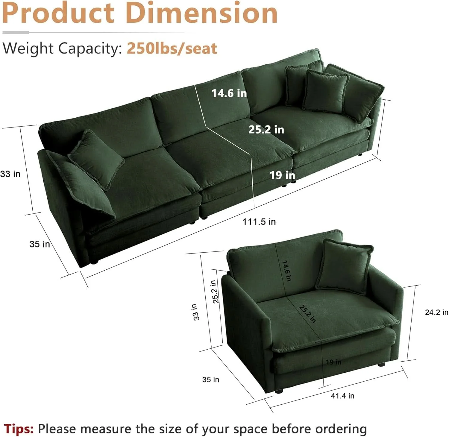 Responsible 3 Piece Evergreen Sofa Set Chenille Modular For Living Room Natural