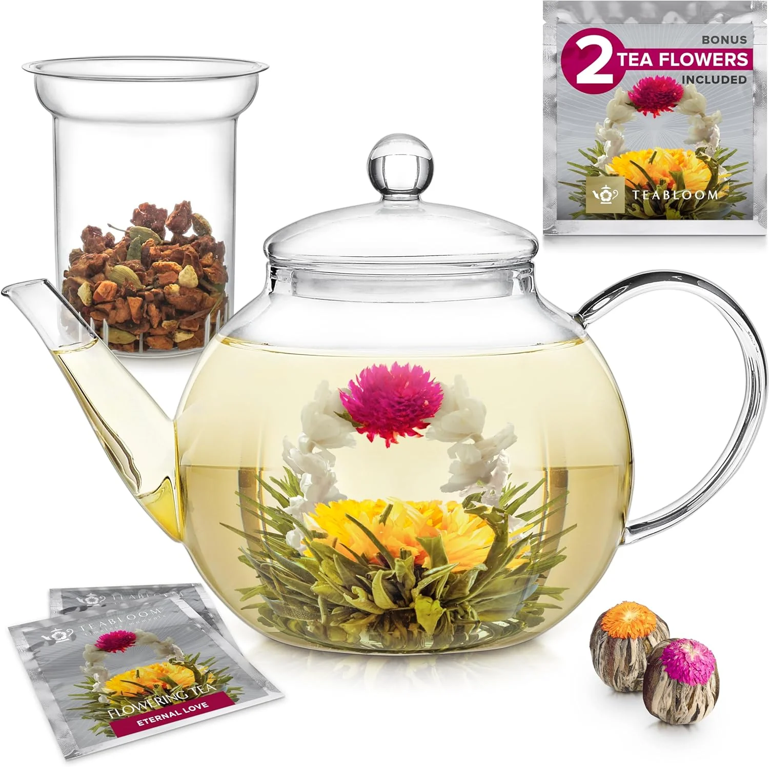Long-Lasting Teabloom Stovetop Microwave Safe Glass Teapot with Removable Loose Tea Glass Infuser – Includes 2 Blooming Teas – 2-in-1 Tea Kettle and Tea Maker Prestigious