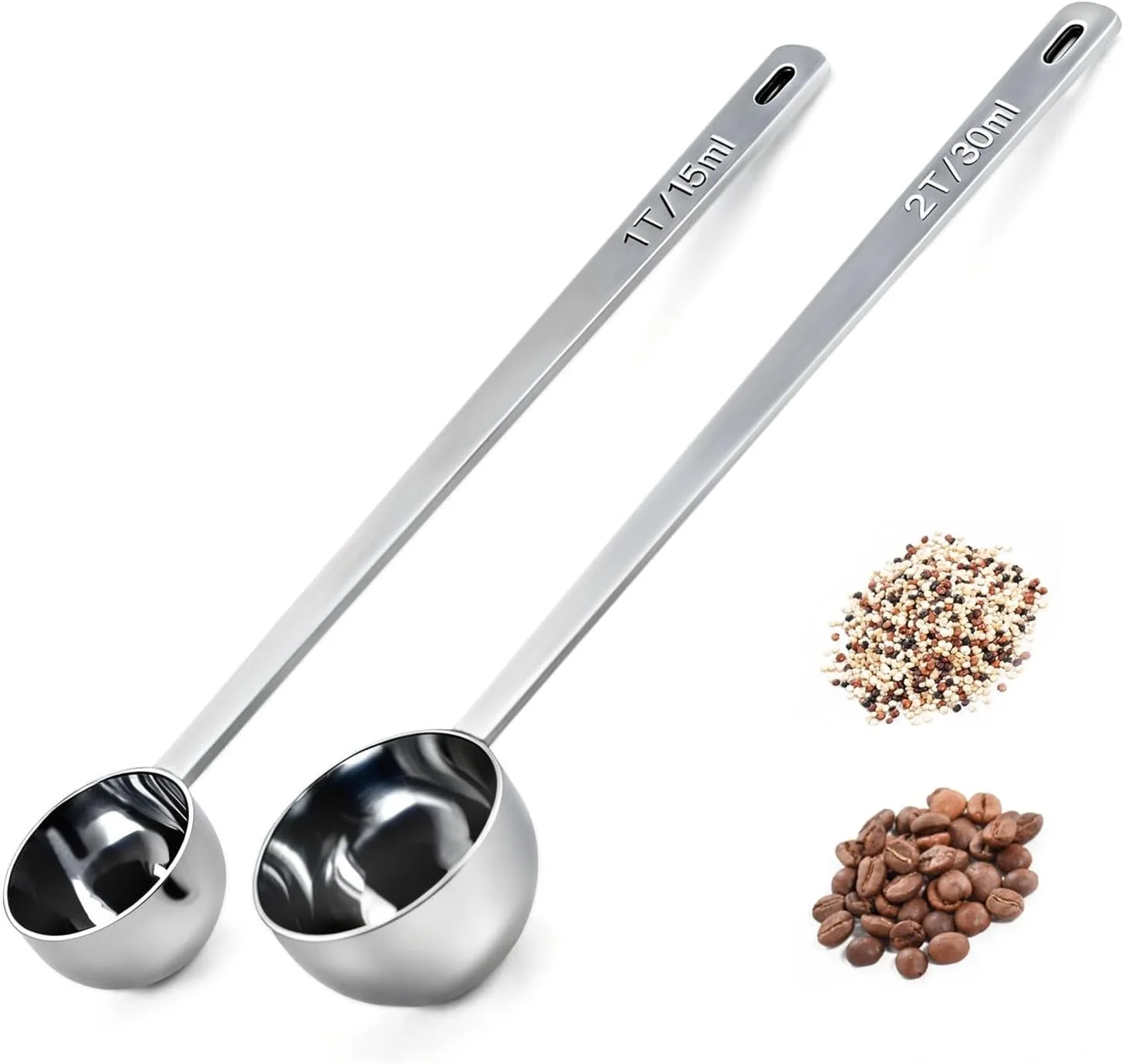 Sophisticated 2PCS Coffee Scoop for Ground Coffee Stainless Steel Measuring Spoons Long Handle 30ml 8.66in and 15ml 8.27in Set for Deep Jars Beans Protein Powder Flour Proven