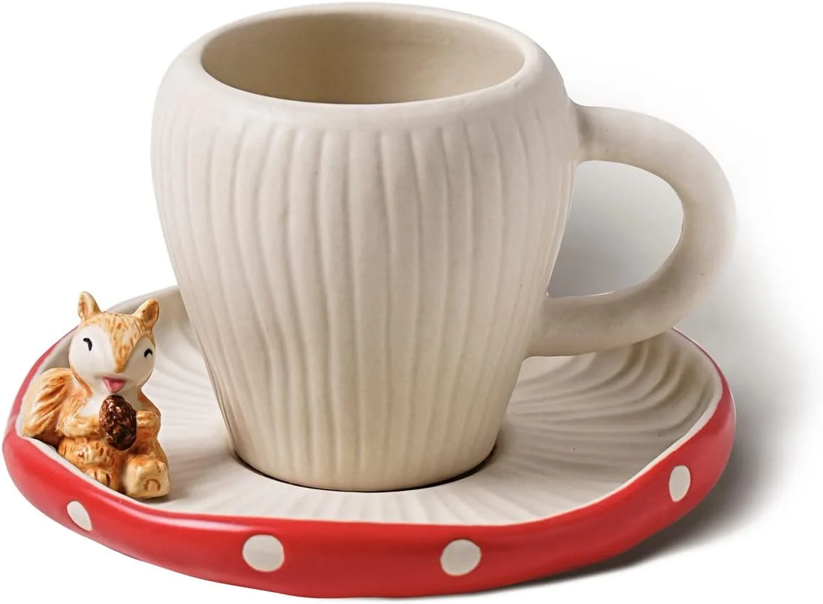 Next-Generation Cute Mushroom Mug with Saucer Handmade Glaze Polka Dot with Squirrel Decoration on the Plate. Safety Matt Ceramic Coffee Cups 11 oz Cartoon Tea Cup. Gifts for Women amp Girls. Excellent