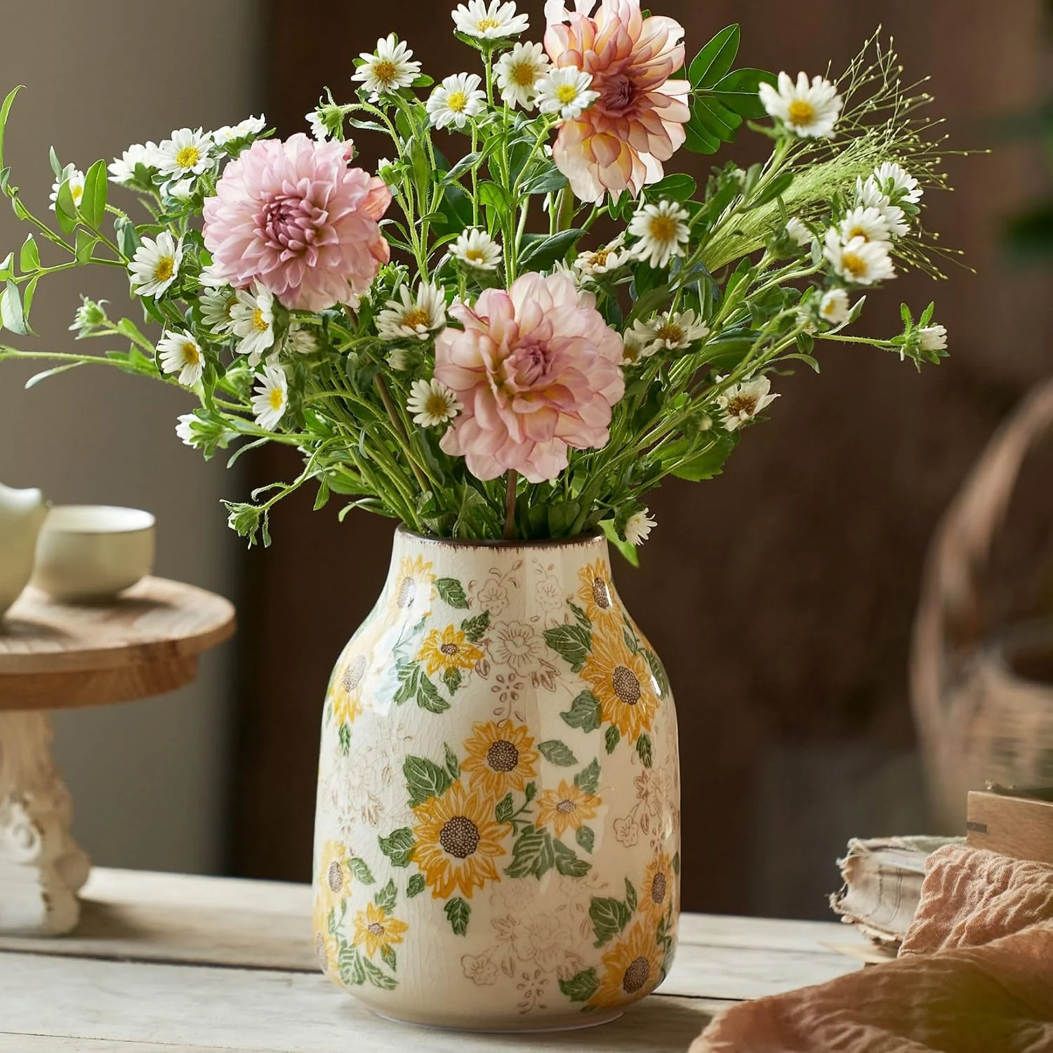 Crafted Levvohd Vintage Ceramic Vase 7.7 Inch Yellow and Beige Sunflower Floral Modern Flower Vases for Home Decor Aesthetic Living Room Bookshelf Office Tuscan Decorations Conical Eco-Friendly