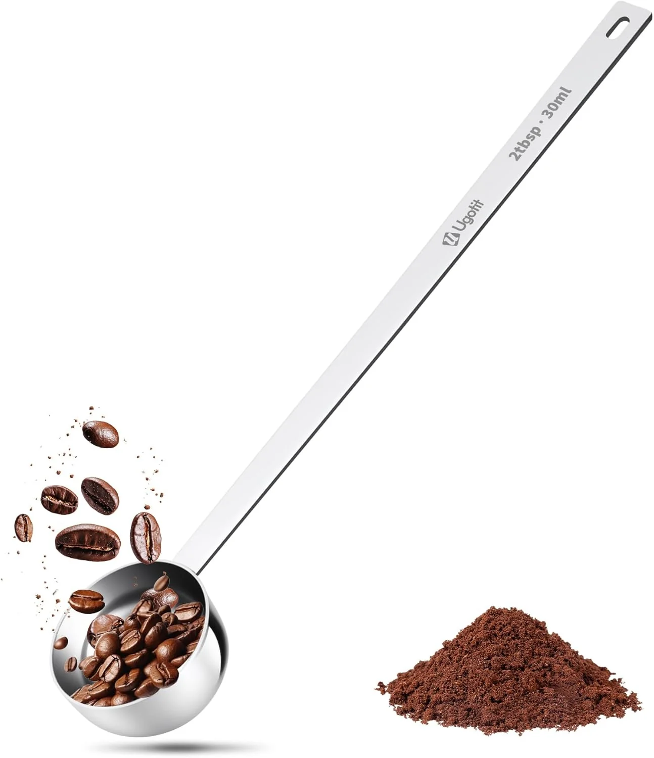 Powerful 304 Stainless Steel Coffee Measuring Scoop 9inch Long Handled 2 Tablespoon Coffee Scoop for Ground Coffee Protein Powder Baking Hanging Hole Safe