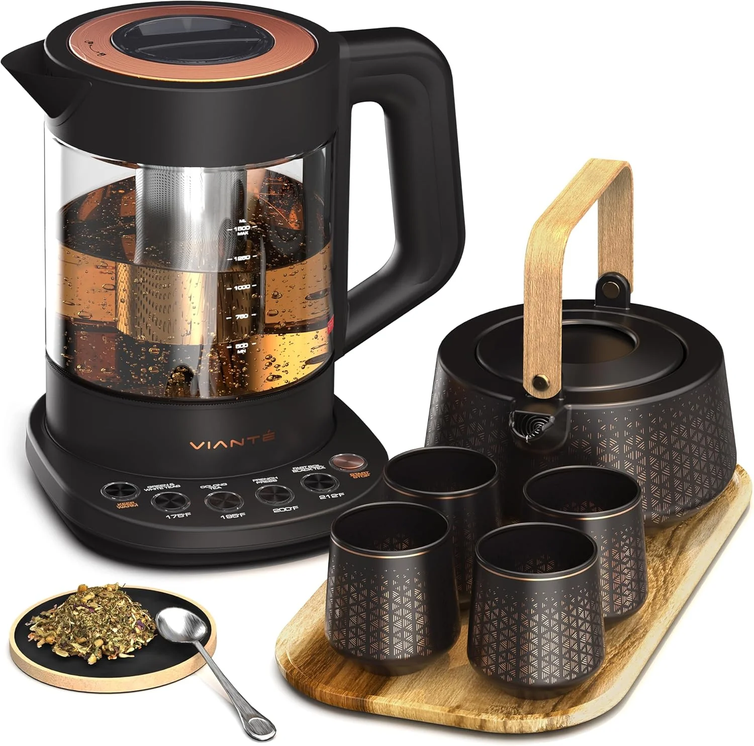 Organic Vianté Luxury Tea Set. Electric Kettle with Infuser for Loose Leaf And Ceramic Serving Set. Teapot and Cup Set with Wooden Tray Quality