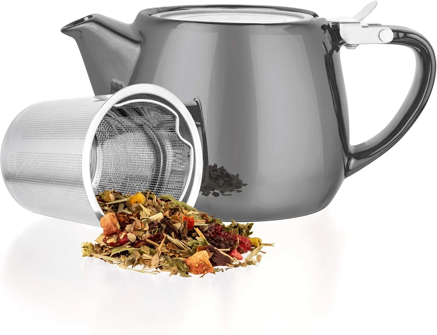 Smooth Tealyra – Pluto Porcelain Small Teapot Grey – 18.2-ounce 1-2 cups – Unique Finish – Stainless Steel Lid and Extra-Fine Infuser To Brew Loose Leaf Tea – 540ml Secure