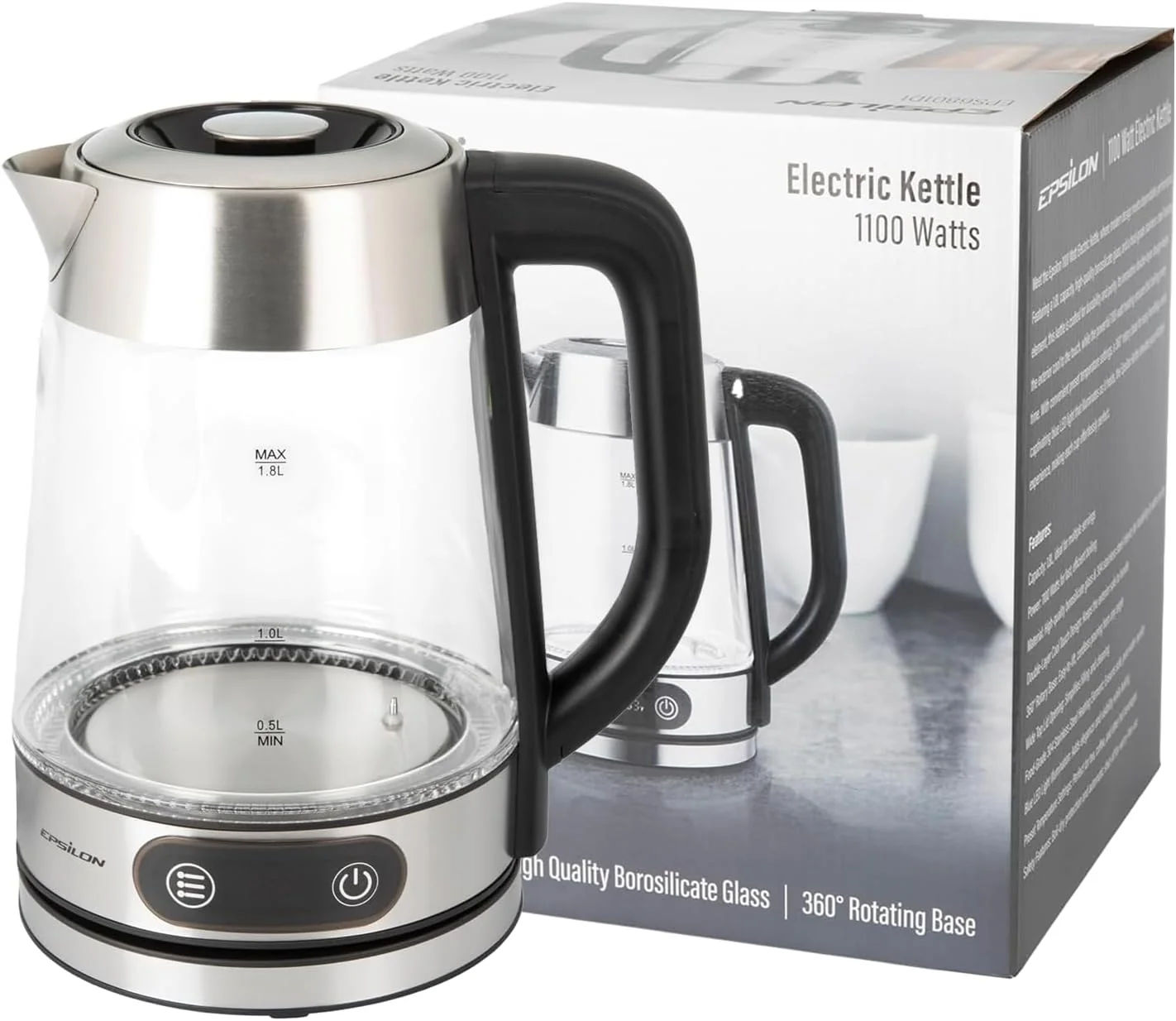 World-Class Epsilon 1.8L Glass Electric Kettle – Hot Water Tea Kettle with Borosilicate Glass Stainless Steel Auto Shut-Off Fast Boil 1500W Electric Teapot Specialty