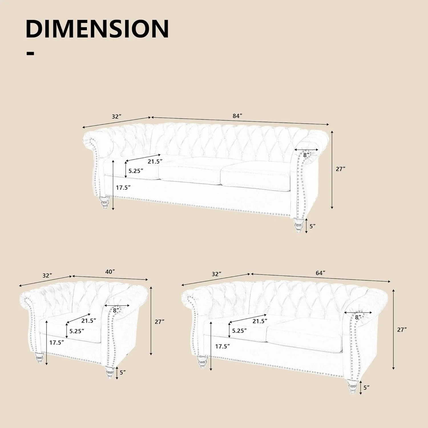 Enhanced 3 Piece Velvet Living Room Set Sectional Chesterfield Sofa Upholstered Green