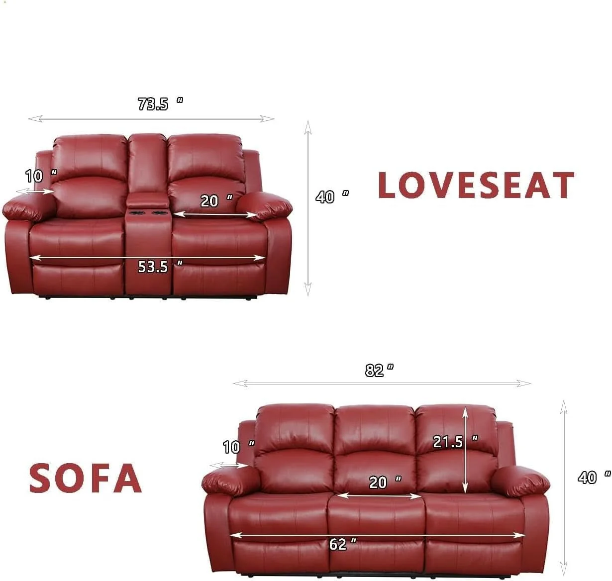 Specialty Bonded Leather Living Room Sofa And Loveseat Red Recliner Fine Crafted