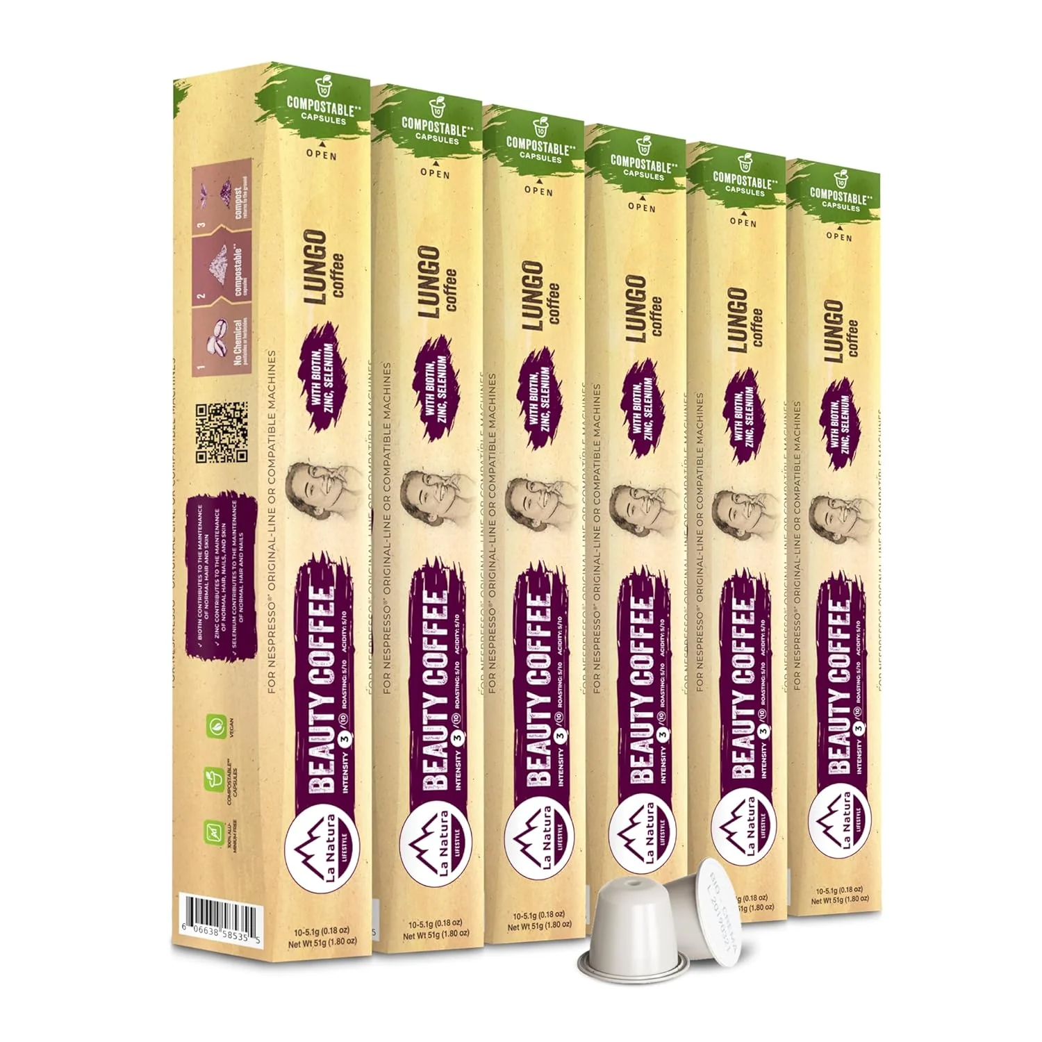 Artisan La Natura Lifestyle Beauty Coffee Pods – Lungo Roast European-Style with Biotin Zinc Selenium for Hair Skin Nails Health – Compostable Nespresso Line Compatible Capsules – Pack of 60 Luxury