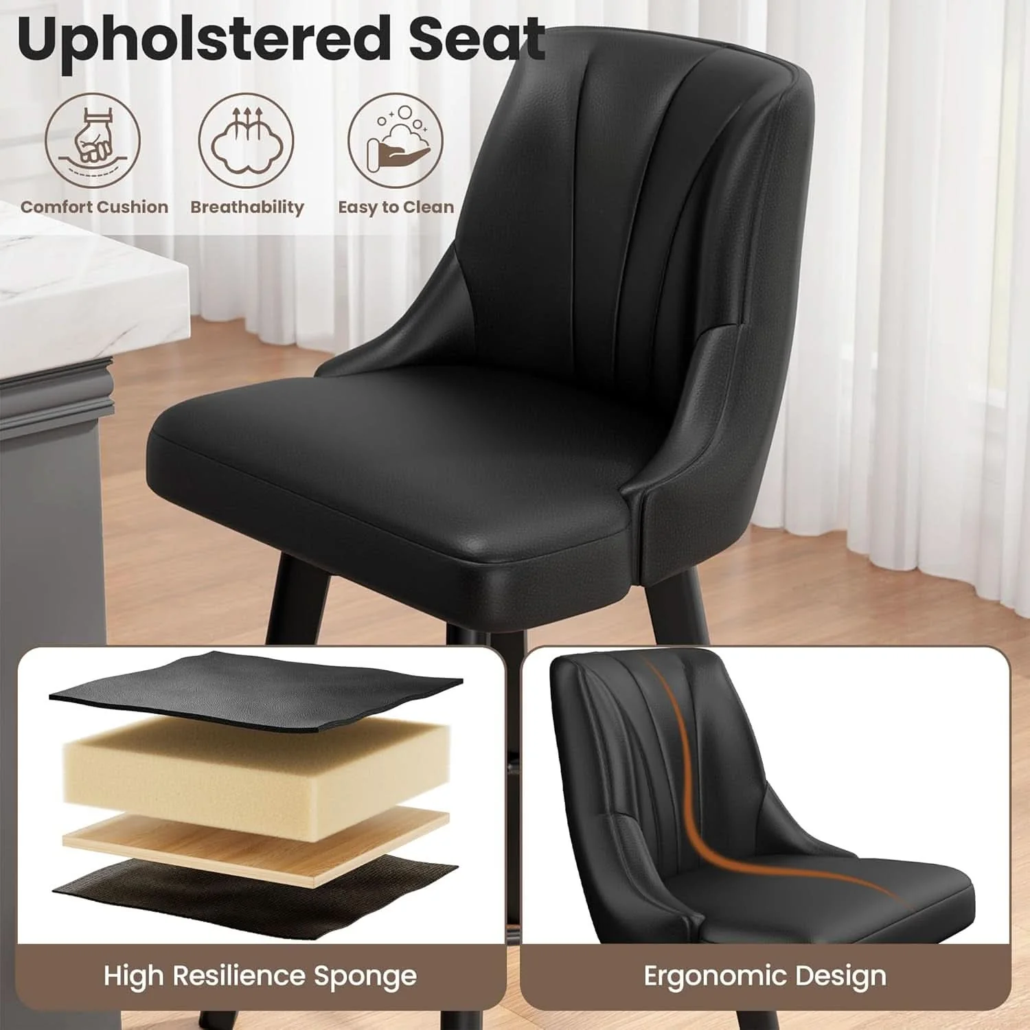 Soft Counter Height Swivel Bar Stool 24 Inch Set Of 3 Black PU Leather Relaxed
