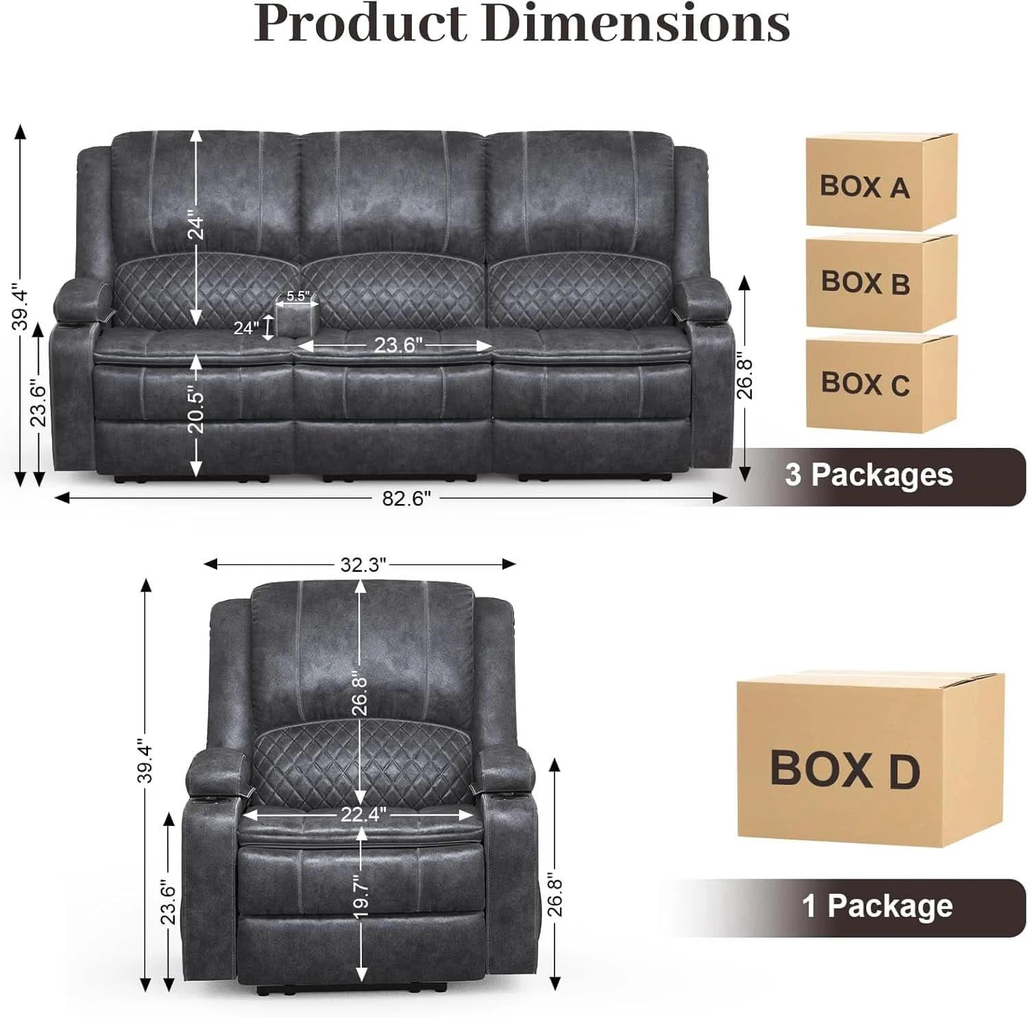Crafted Grey 3 Seater Recliner Sofa Set With Removable Console For Living Room Premium