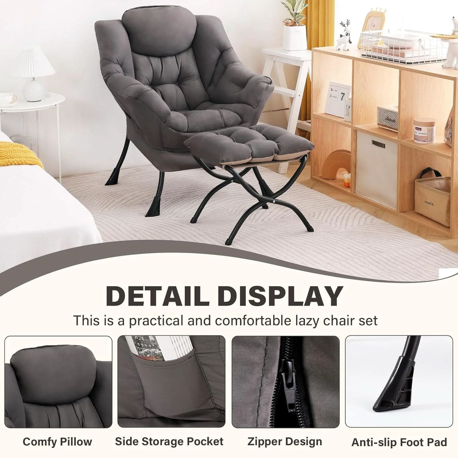 Pure Dark Grey Lazy Chair With Armrests For Living Room Comfort Green
