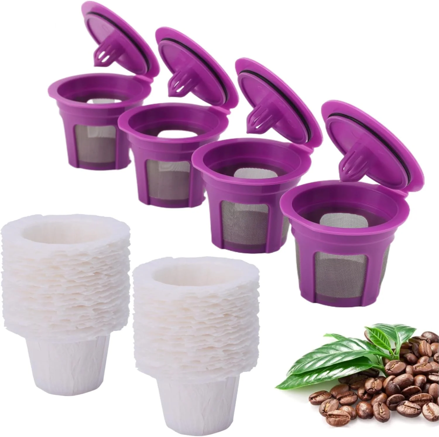 Genuine 4 Pack Reusable K Cup Coffee Pods with 100 Count Disposable Coffee Paper Filters Compatible with Keurig Single Serve Coffee Maker 2.0 1.0 Prestigious